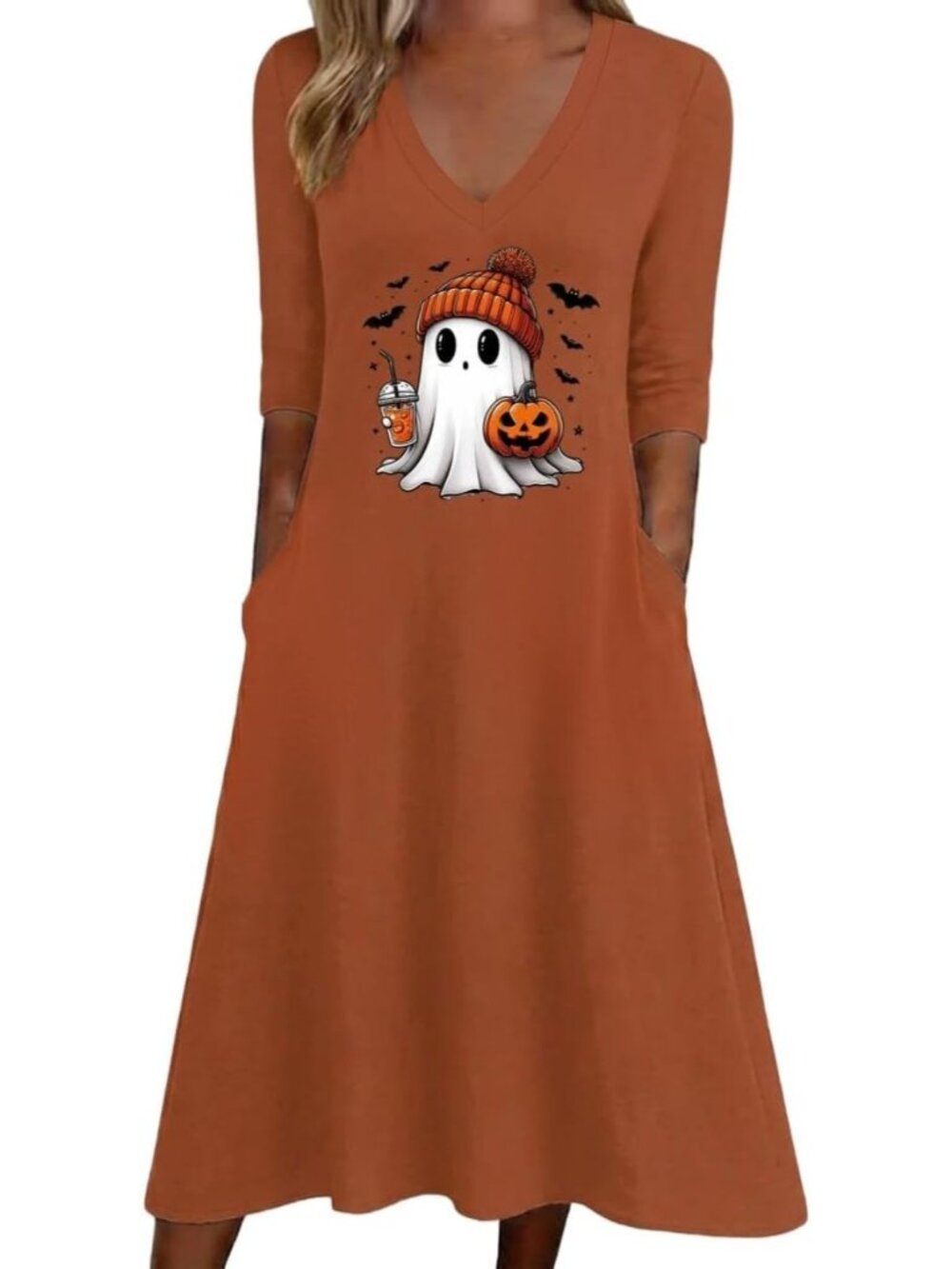 🆕 Women's Halloween Orange Ghost Dress Cute Graphic V-Neck With Pockets